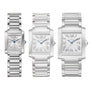 Three Cartier Tank Française watches of different sizes, each featuring a steel case, rectangular face with Roman numerals, quartz movement, and metal link bracelet, are displayed side by side on a white background.