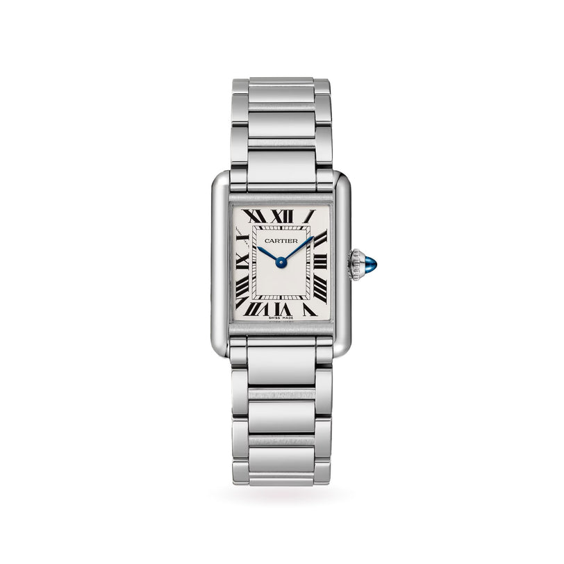 The Cartier Tank Must de Cartier features a rectangular silvered dial with black Roman numerals, a metal link bracelet, blue gemstone crown, and reliable quartz movement.