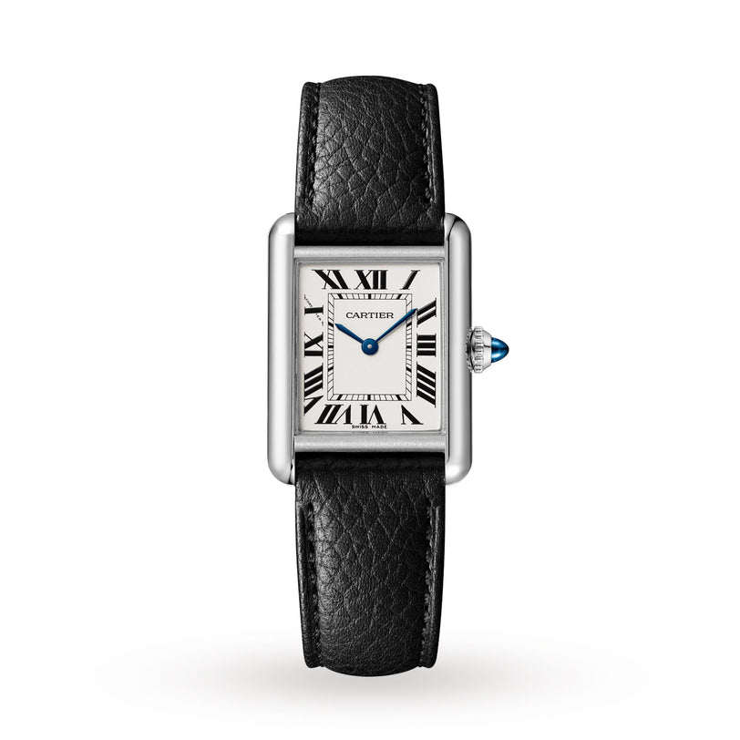 The Tank Must de Cartier by Cartier features a rectangular case, white dial with black Roman numerals, blue hands, beaded crown set with a blue cabochon, and a black leather strap.