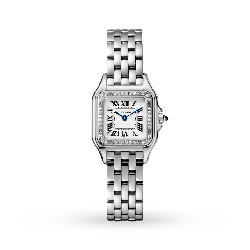 The Cartier Panthère de Cartier Small Model wristwatch features a square face with Roman numerals, blue hands, a brilliant-cut diamond bezel, and a metal link bracelet, displayed on a white background.