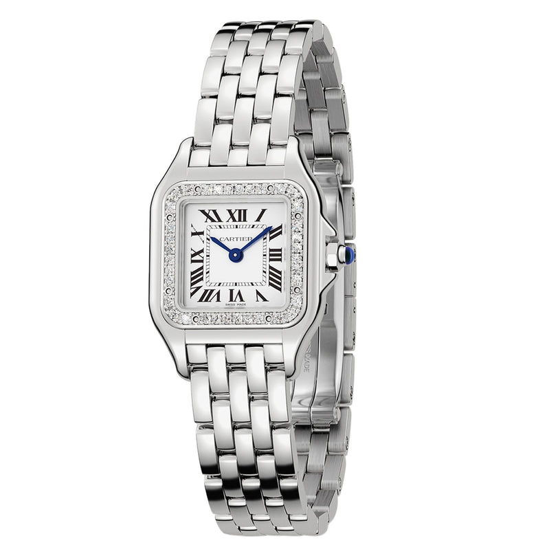 The Panthère de Cartier Small Model by Cartier is shown at an angle, featuring a square face with Roman numerals, a metal link band, and brilliant cut diamonds on the bezel.