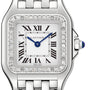 Close-up of the Panthère de Cartier Small Model watch by Cartier, featuring Roman numerals, a diamond bezel, and a silver metal strap.
