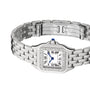 The Cartier Panthère de Cartier Small Model features a silver stainless steel bracelet, square face with Roman numerals, blue hands, brilliant-cut diamond bezel, and a clasp engraved with STAINLESS STEEL and SWISS MADE.