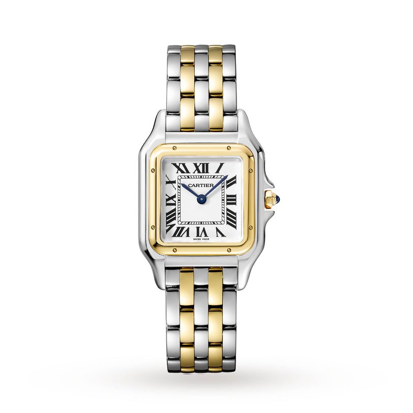 The Panthère de Cartier by Cartier features a two-tone 18K yellow gold and silver bracelet, a rectangular face with Roman numerals, and blue hands—a luxurious jewellery watch.