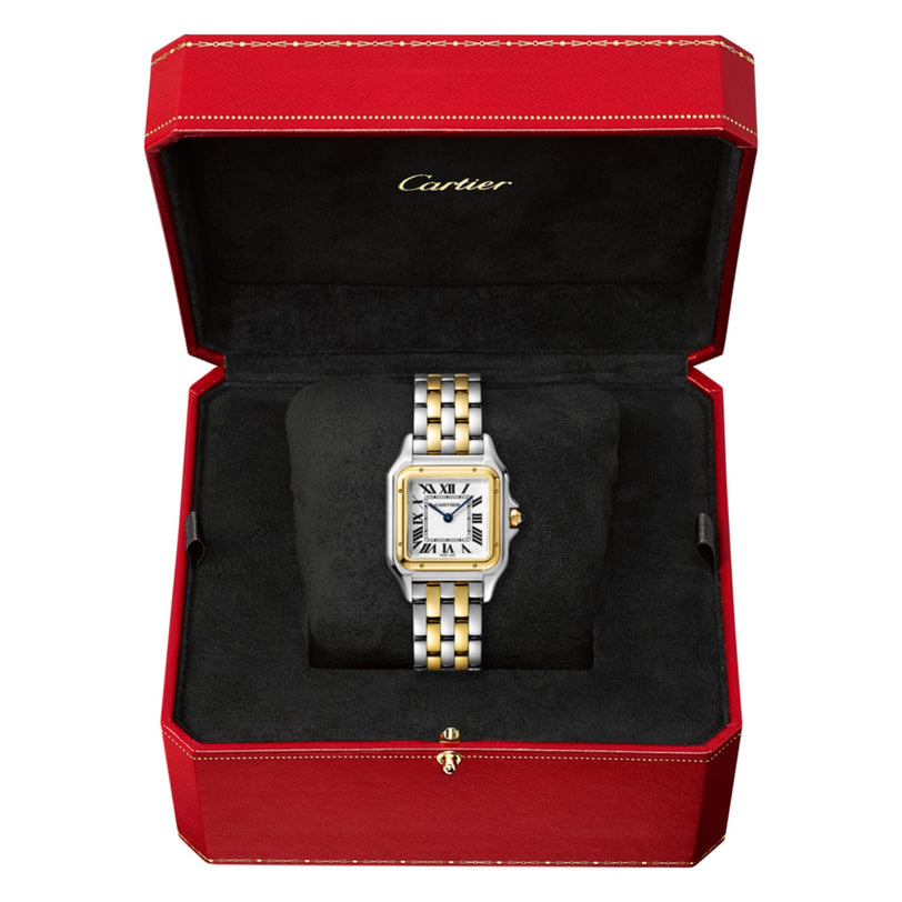 A Panthère de Cartier two-tone wristwatch by Cartier, presented in a red Cartier box with a black velvet interior.