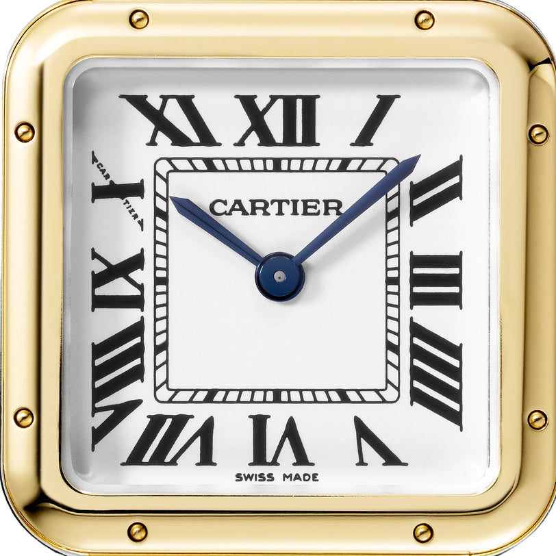 The Panthère de Cartier by Cartier is a square 18K yellow gold jewellery watch featuring black Roman numerals, blue hands showing 1:52, and a dial marked “Cartier” and “Swiss Made.”.