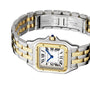 The Cartier Panthère de Cartier watch features a two-tone stainless steel and 18K yellow gold design, square face with Roman numerals, blue hands, sapphire crown, and is displayed on a white background. Inspired by the iconic Panthère de Cartier.