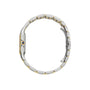 Side view of the Cartier Panthère de Cartier jewellery watch with a stainless steel and 18K yellow gold linked bracelet and a blue crown on the case.