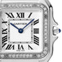 Close-up of a Cartier Panthère de Cartier watch face featuring Roman numerals, blue hands, Swiss Made inscription, and a bezel set with brilliant-cut diamonds.