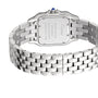 A close-up of the back of the stainless steel Panthère de Cartier wristwatch by Cartier, featuring a metal link bracelet, engraved details, and a blue cabochon crown that embody the brand’s signature jewellery watch elegance.
