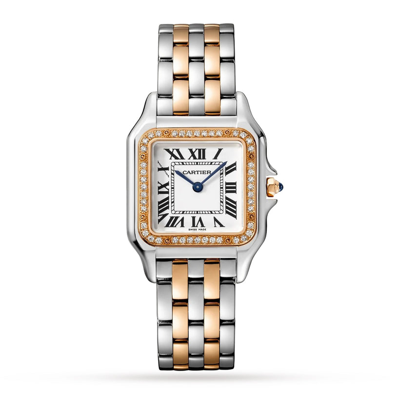 The Panthère de Cartier by Cartier is a two-tone watch with a rectangular face, Roman numeral markers, an 18K rose gold and silver link bracelet, and a diamond-set bezel for extra elegance.