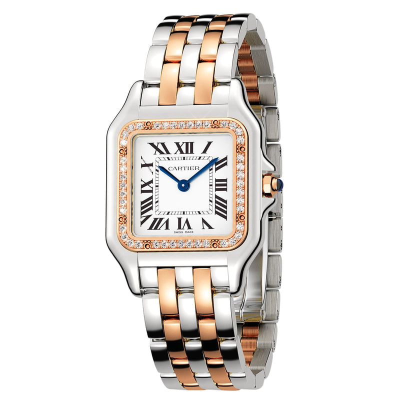 The Panthère de Cartier watch by Cartier features a silver and 18K rose gold metal band, square face, Roman numerals, blue hands, and a diamond-set bezel.