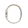 The Panthère de Cartier watch by Cartier is displayed from the side, featuring a silver and 18K rose gold metal link band, a round crown with a blue accent, and a dazzling diamond-set bezel.