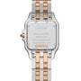 Back view of the Panthère de Cartier watch by Cartier, featuring a two-tone metal band, engraved details highlighting 18K rose gold, origin, water resistance, and serial numbers on the case.