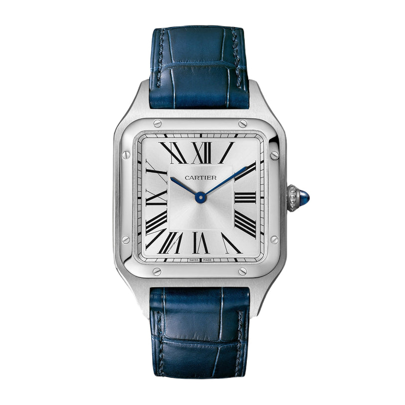The Cartier Santos-Dumont features a square silver case, Roman numeral markers, blue hands, and a blue leather strap.