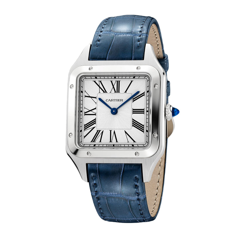 The Cartier Santos-Dumont watch features a square silver case, Roman numeral hour markers, blue hands, and a blue leather strap.