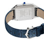 Back view of the Cartier Santos-Dumont watch featuring a stainless steel case, blue leather strap, and engraved case back.