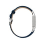 Side view of the Cartier Santos-Dumont watch featuring a blue leather strap and silver rectangular case, displayed against a white background.