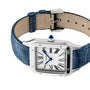 A Cartier Santos-Dumont watch with a silver square face, Roman numerals, blue hands, and a blue leather strap displayed at an angle.