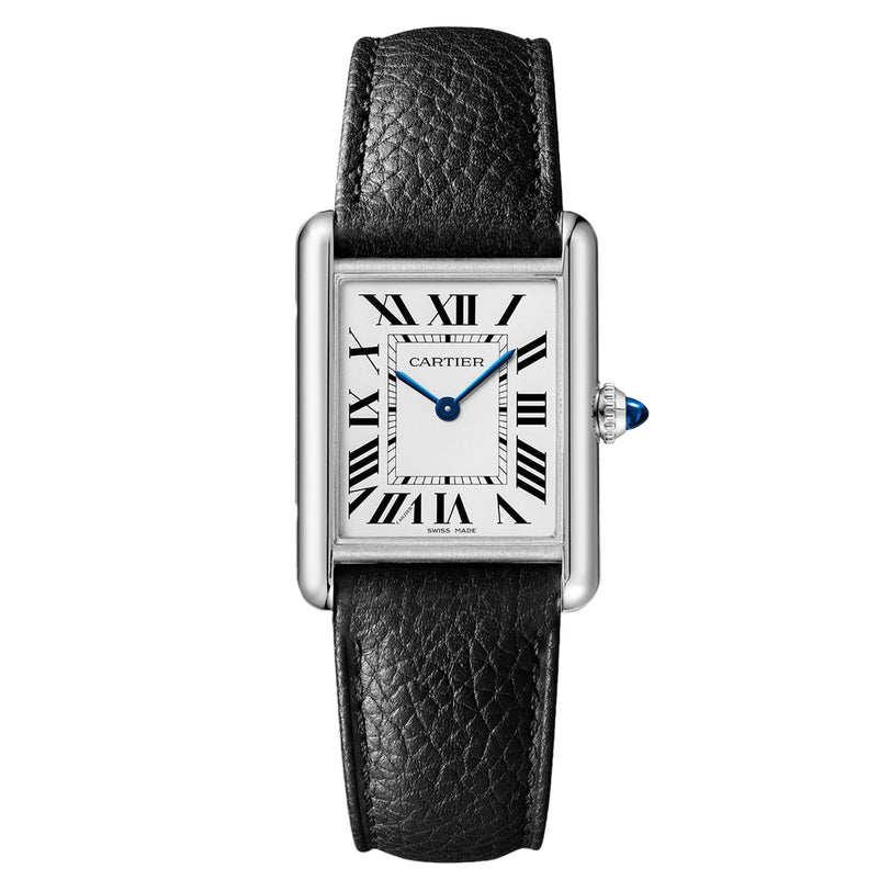 The Cartier Tank Must Solarbeat™ features a rectangular steel case, white dial, black Roman numerals, blue hands, and a black leather strap.
