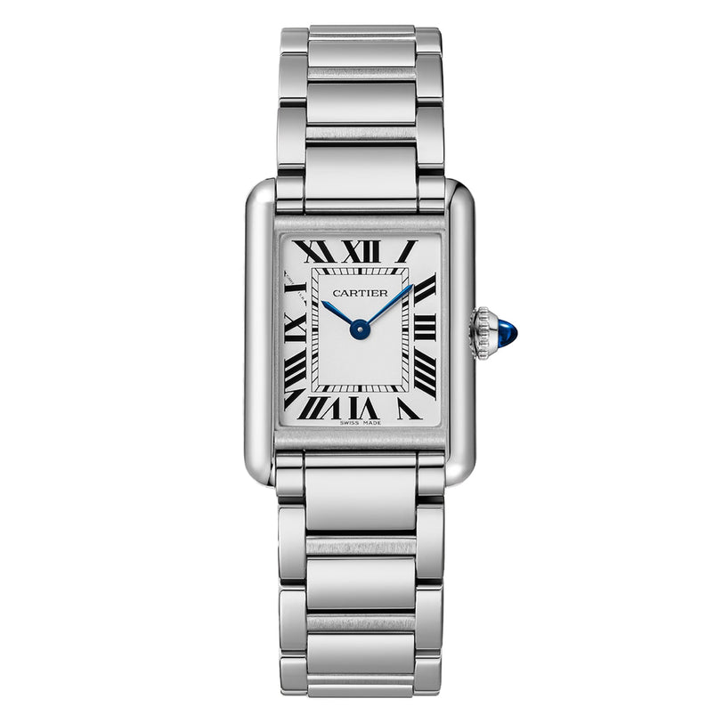 The Cartier Tank Must Solarbeat™ features a silver rectangular steel case, Roman numerals, blue hands, metal link bracelet, and is powered by the innovative SolarBeat™ Photovoltaic Movement.