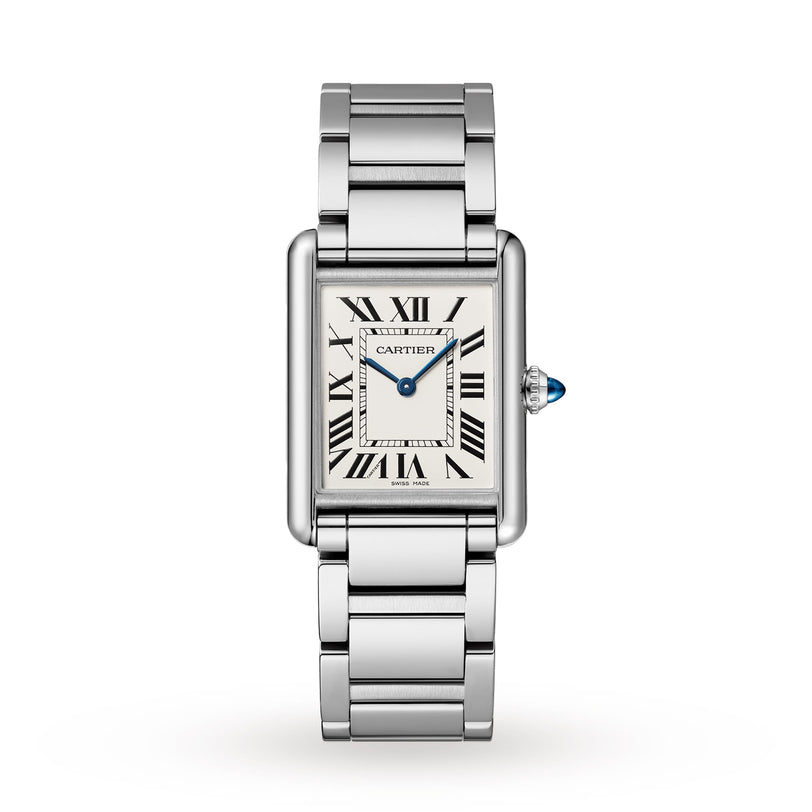The Cartier Tank Must de Cartier wristwatch features a rectangular face, Roman numerals, and a steel case with quartz movement, displayed on a white background.
