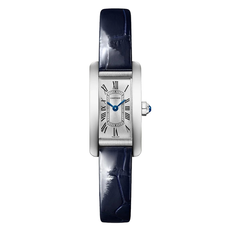 The Cartier Tank Américaine is a rectangular silver luxury watch featuring a white dial, Roman numerals, blue hands, and a dark blue leather strap.