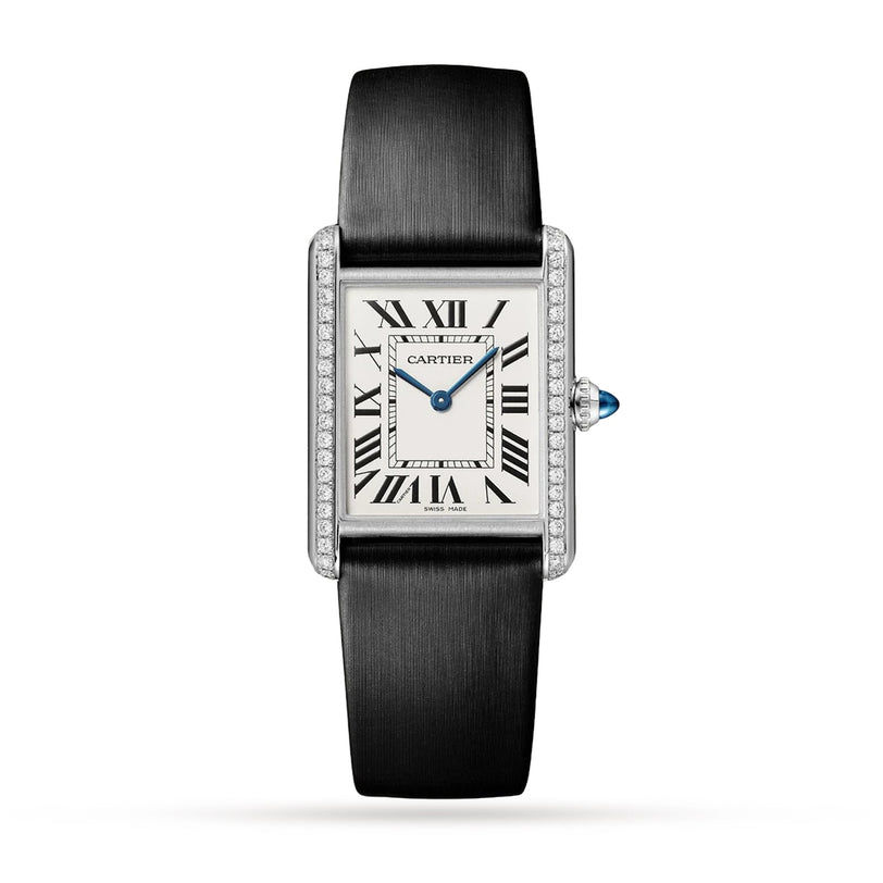 The Cartier Tank Must de Cartier watch features a rectangular case, white dial with black Roman numerals, blued hands, diamond bezel, and a black leather strap.