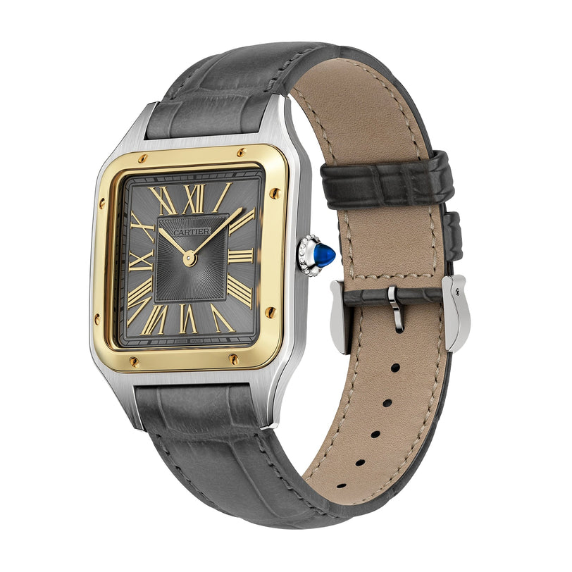 The Cartier Santos-Dumont luxury watch features a square gray face, 18K yellow gold bezel, Roman numerals, leather strap, and a blue gem on the crown, all displayed at an angle on a white background.