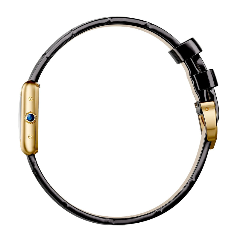 Side view of the Cartier Tank Louis Cartier watch featuring a yellow gold case, blue crown, and black alligator leather strap with a bow-shaped detail near the buckle.