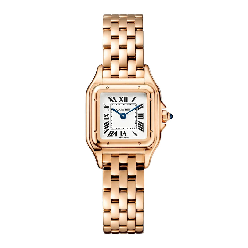 The Cartier Panthère de Cartier Small Model features a rose gold case, square white dial with black Roman numerals, blue hands, linked gold bracelet, and a blue sapphire crown, shown against a white background.
