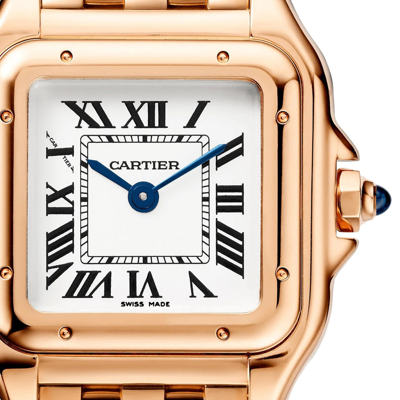 Close-up of the Panthère de Cartier Small Model by Cartier, featuring a rose gold case, white dial with black Roman numerals, blue hands, sapphire crown, and Cartier with Swiss Made on the face.
