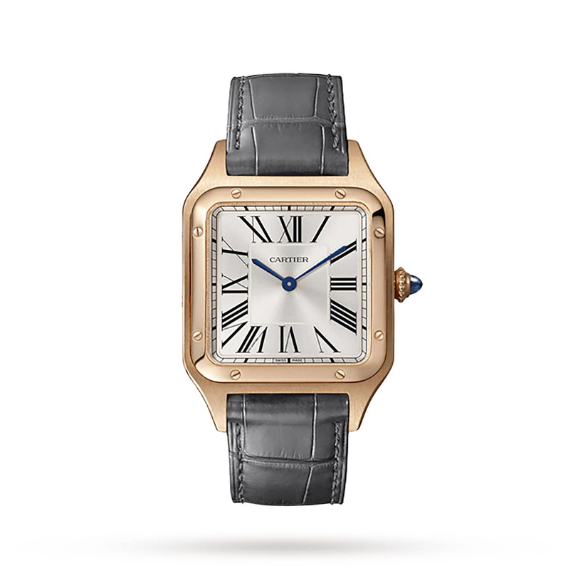 The Cartier Santos-Dumont is a rectangular 18K rose gold watch featuring a white dial with black Roman numerals, blue hands, and a grey alligator leather strap. The brand name Cartier is displayed on the face.