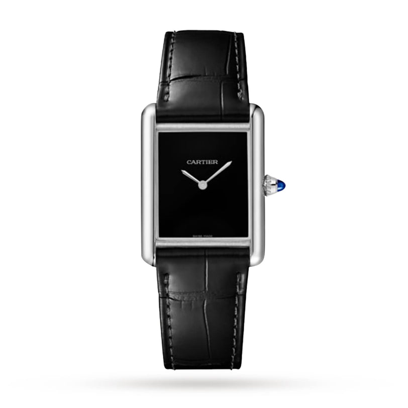 The Cartier Tank Must de Cartier watch features a rectangular black dial, silver case, and black alligator-skin strap, displayed on a white background.