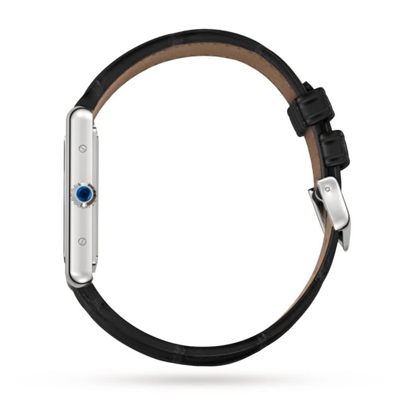 Side view of the Cartier Tank Must de Cartier watch with a black alligator-skin strap, silver case, and blue crown accent shown against a white background.