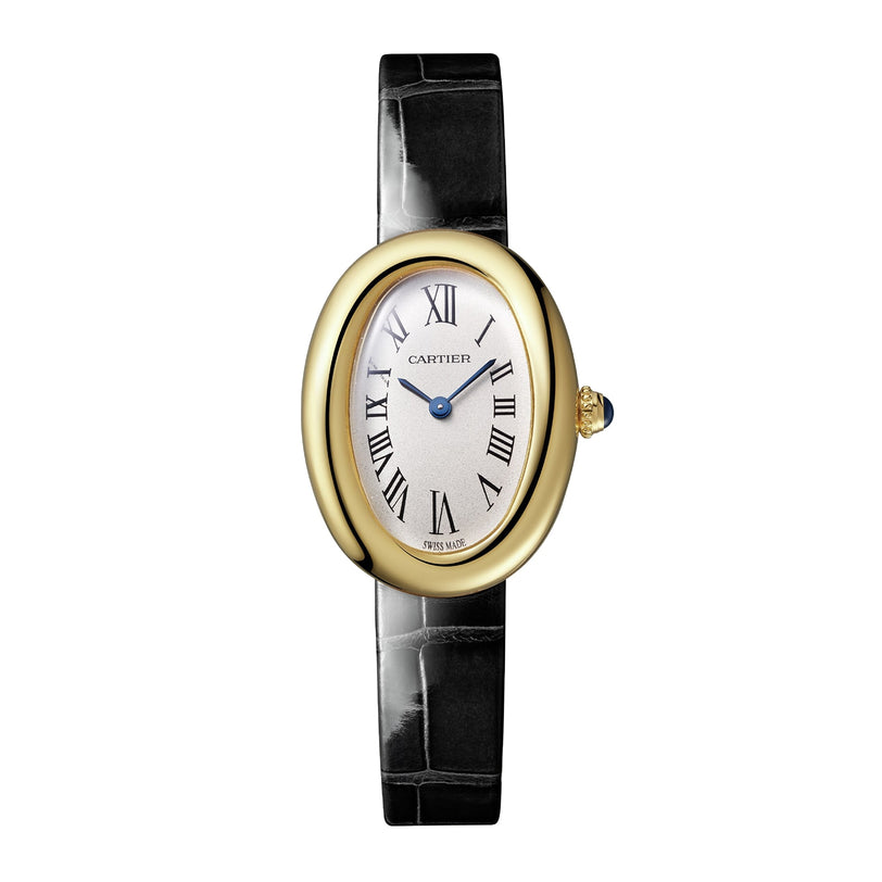 The Cartier Baignoire (Size 15) features an oval gold case, white dial with black Roman numerals, blue hands, a black leather strap, and a crown set with a blue cabochon—an icon of timeless elegance.