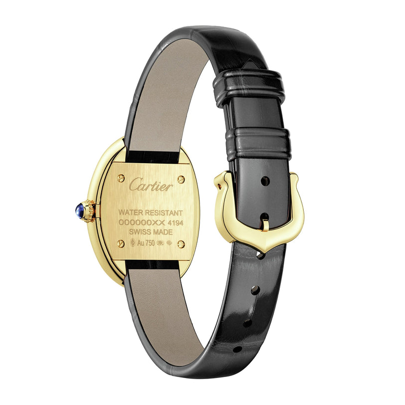 A Cartier Baignoire (Size 15) watch with a black leather strap is displayed from the back, showcasing engraved details and a gold buckle—a timeless symbol of elegance.