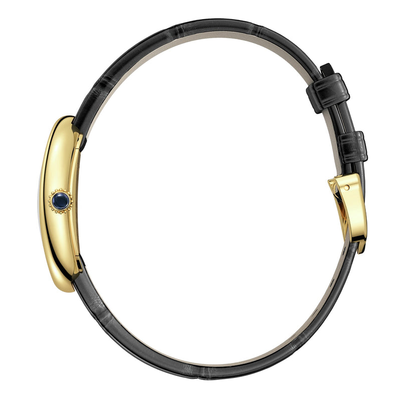 A Cartier Baignoire (Size 15) wristwatch in gold features a slim black leather strap and a side profile that highlights the signature round blue gemstone crown—an iconic statement of timeless luxury.