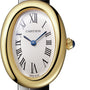 Cartier Baignoire (Size 15) wristwatch featuring a gold oval case, white dial, blue hands, black Roman numerals, and a crown with a blue stone—an exquisite example of timeless elegance.
