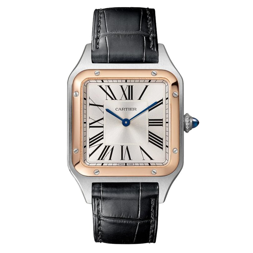 The Cartier Santos-Dumont watch features Roman numerals, a gold bezel, black leather strap, and a blue gemstone crown.