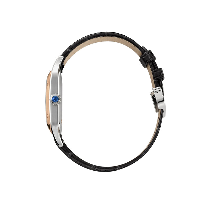 Side view of the Cartier Santos-Dumont wristwatch, featuring a black leather strap and a blue crown, shown on a white background.