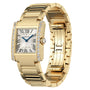 Cartier Tank Française wristwatch featuring a rectangular face, Roman numerals, diamond accents, and a gold link bracelet.