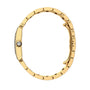 The Cartier Tank Française gold bracelet features a round diamond centerpiece, shown from the side against a white background.