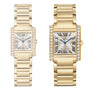 Two Cartier Tank Française watches with diamond bezels, Roman numeral dials, and metal link bracelets are displayed side by side.