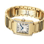 The Cartier Tank Française watch features a diamond bezel, Roman numerals, and a metal link bracelet, displayed on a white background.