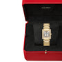 A Cartier Tank Française gold wristwatch with diamonds, presented in a red and black Cartier box.