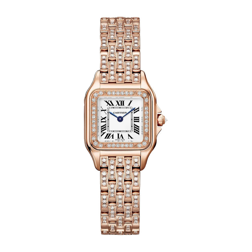The Panthère De Cartier Watch by Cartier features a square face with Roman numerals, blue hands, and an 18K rose gold bracelet-style band—all embellished with sparkling diamonds.