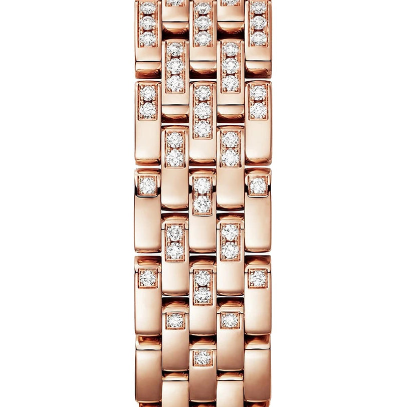 Close-up of a Cartier Panthère De Cartier Watch bracelet in 18K rose gold, featuring rectangular links adorned with rows of round diamonds.
