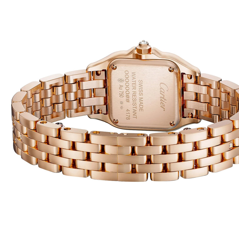 Back view of the Panthère De Cartier Watch by Cartier featuring engraved details and a linked gold metal bracelet.