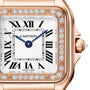 Close-up of a Panthère De Cartier Watch featuring a diamond bezel, Roman numerals, and blue hands in a gold case by Cartier.